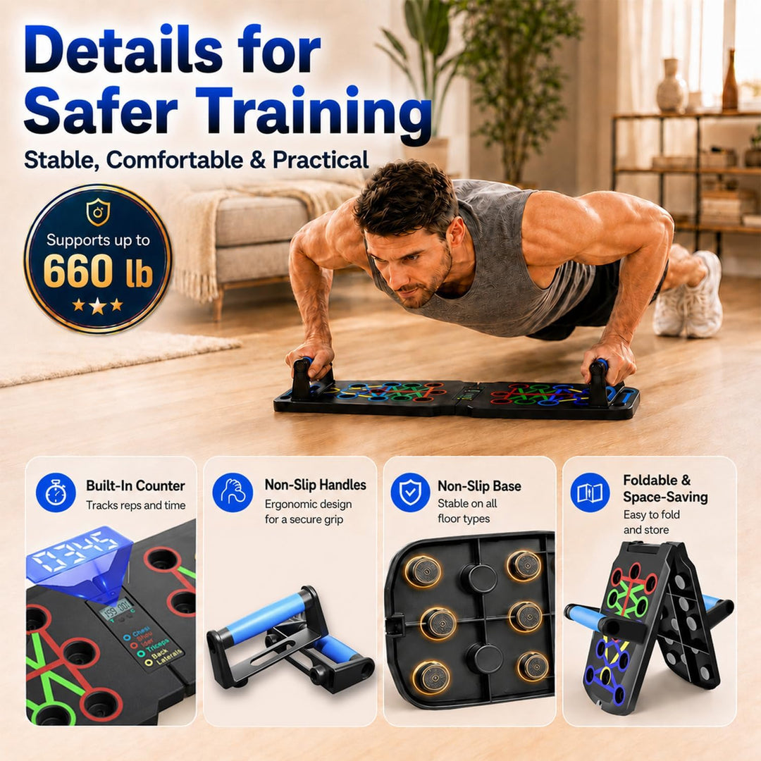 Thrive On™ Strength Board – Adjustable Foldable Push Up Trainer with Built-In Rep Counter